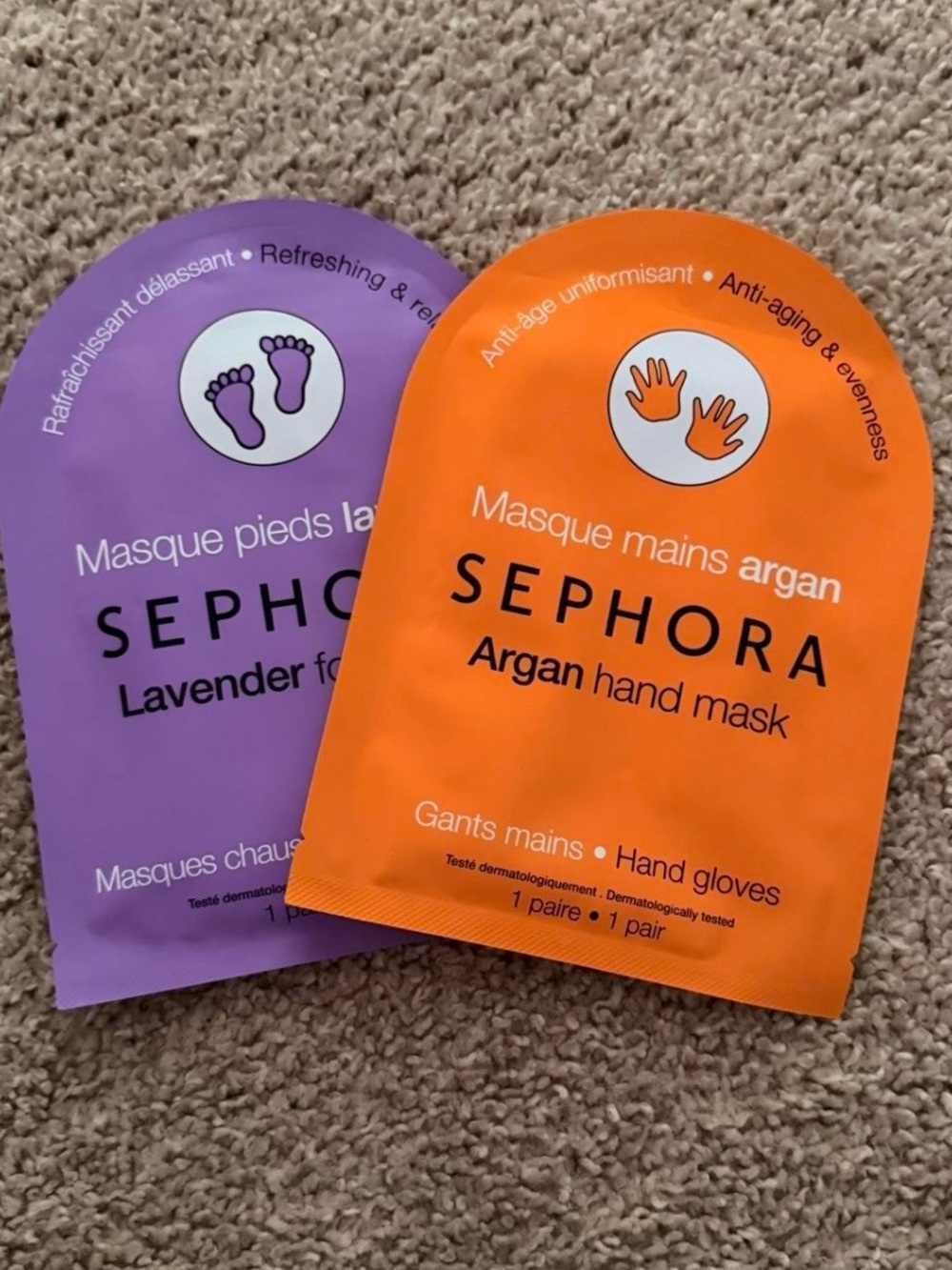 SEPHORA Argan Hand Mask (Orange) & Lavender Foot Mask (Purple) Duo